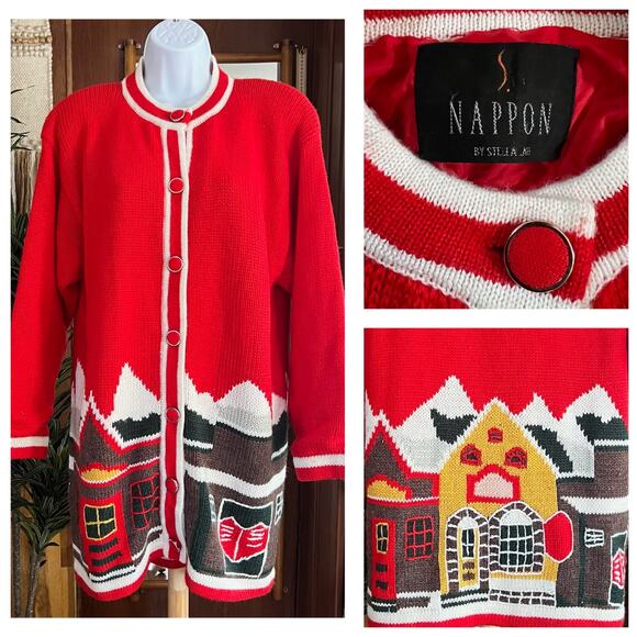 Vintage 80s Red Wool Coatigan Holiday Cabin Knit Sweater Jacket Xmas Cottagecore - Picture 10 of 10